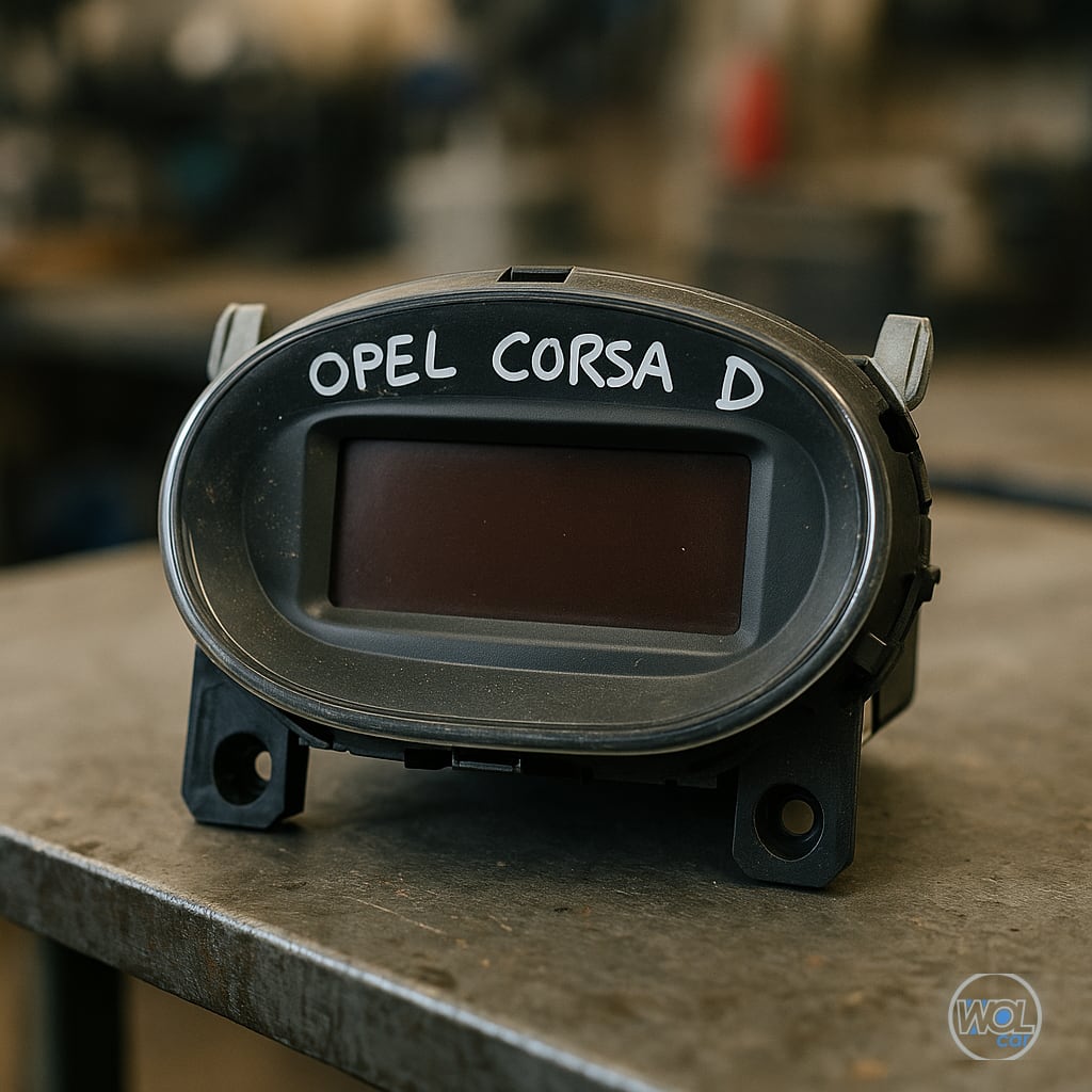 Display de bord Opel Corsa D second-hand, fotografiat pe o masă de atelier, cu detalii clare și fundal neclar