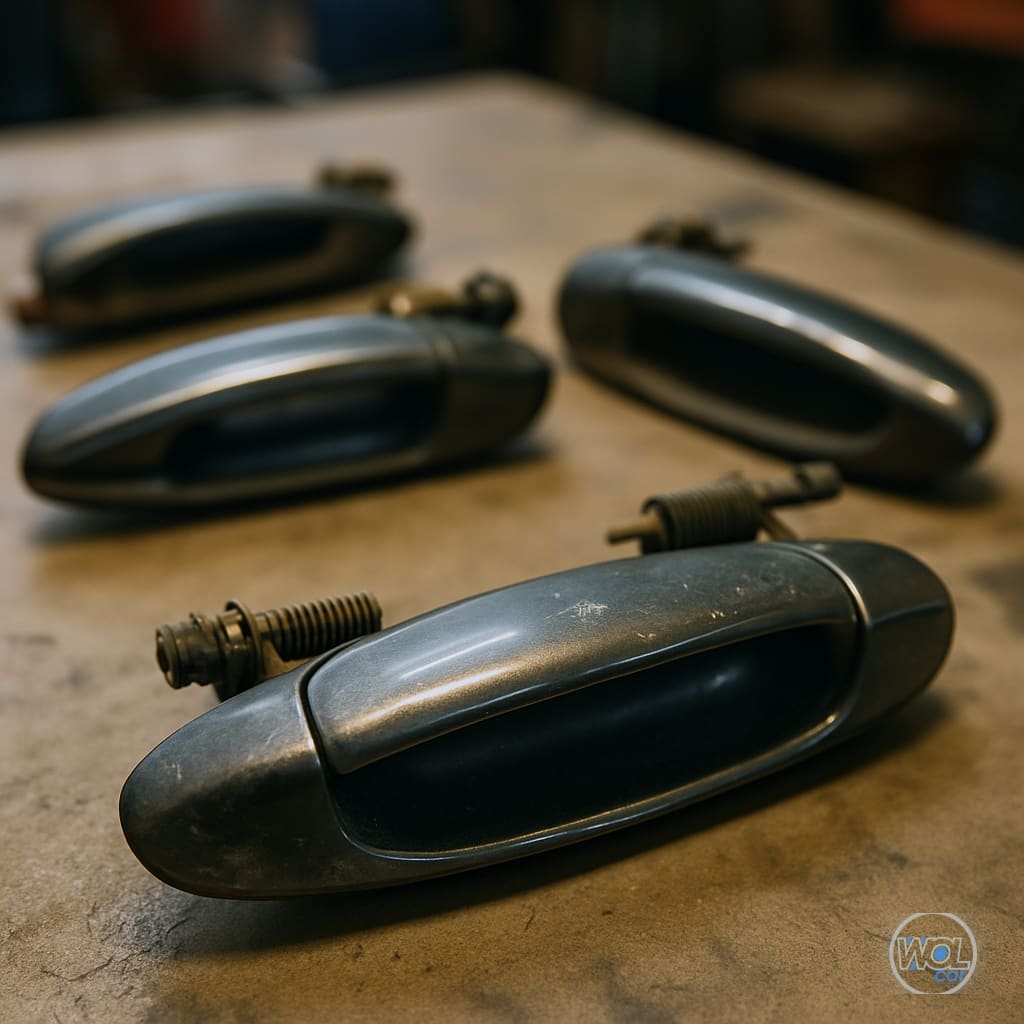 Mânere de uși exterioare second-hand pentru BMW X5 E70 pe o masă de atelier, cu detalii vizibile