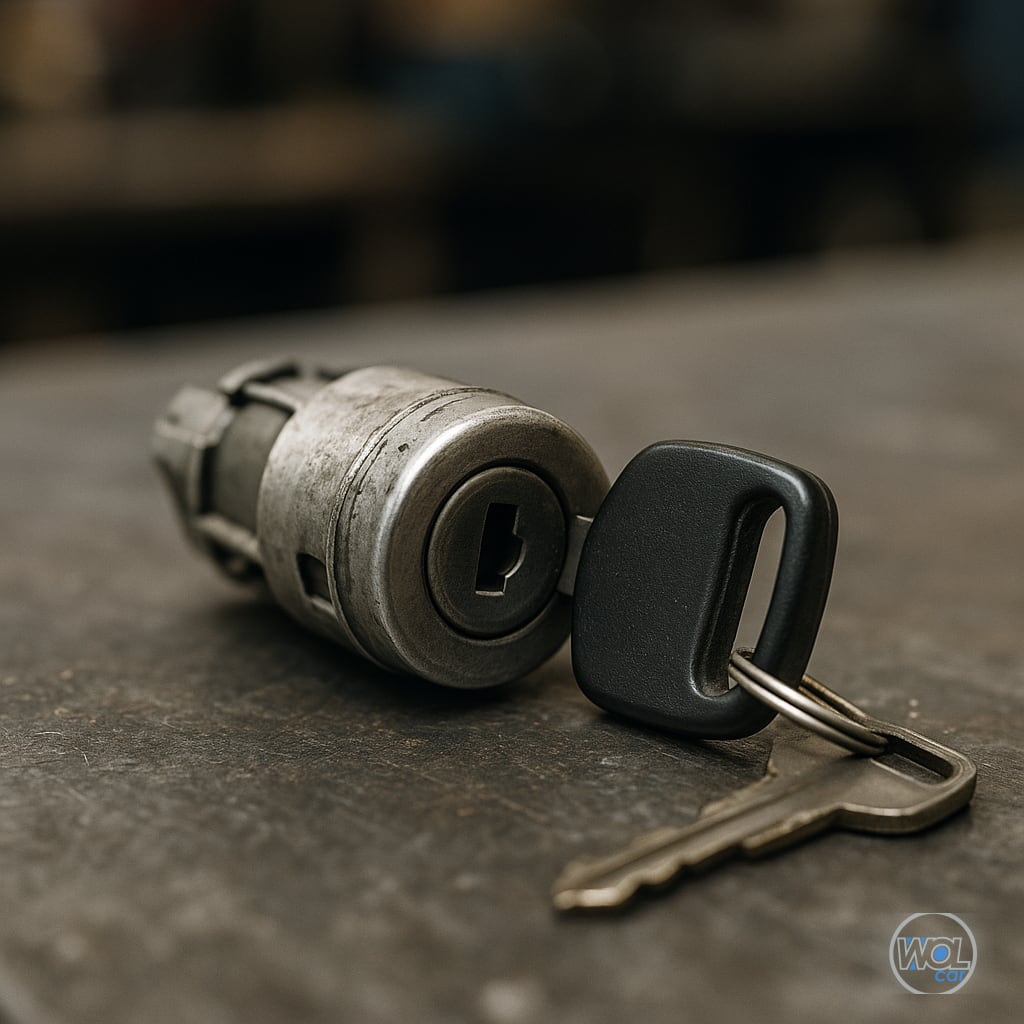 Butuc de contact Citroen Berlingo uzat, cu cheie, pe o masă de atelier, lumină naturală