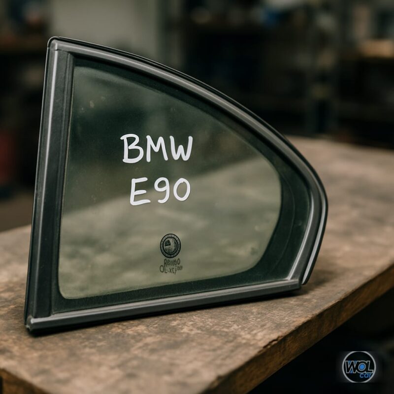 Geam lateral spate BMW E90 folosit, fotografiat pe o masă de atelier cu fundal neclar