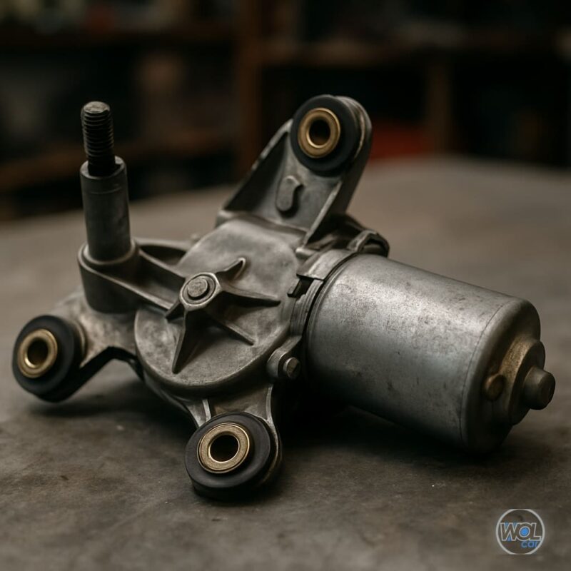 Motor ștergător hayon uzat pe o masă de atelier, iluminare naturală, fundal neclar