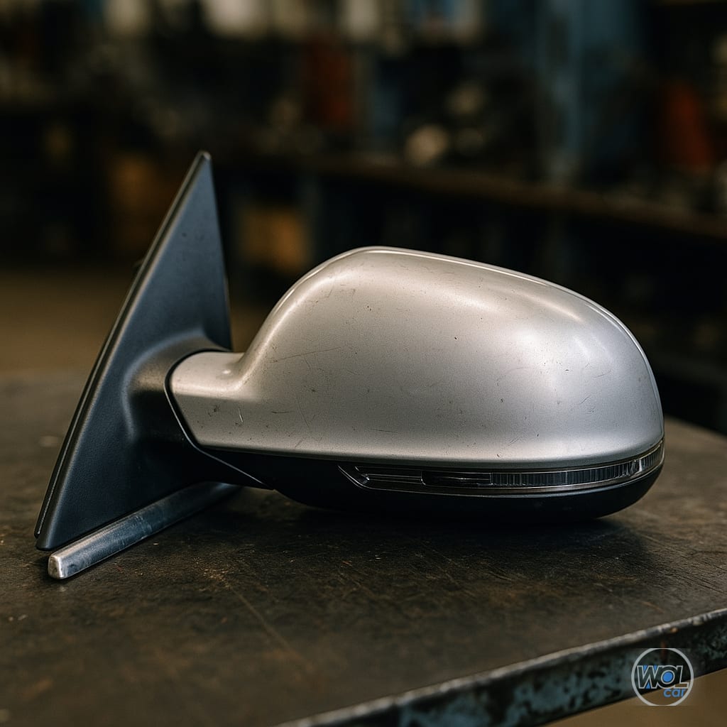 Oglindă laterală second hand pentru Audi A3 8P pe masă de atelier, detaliu clar