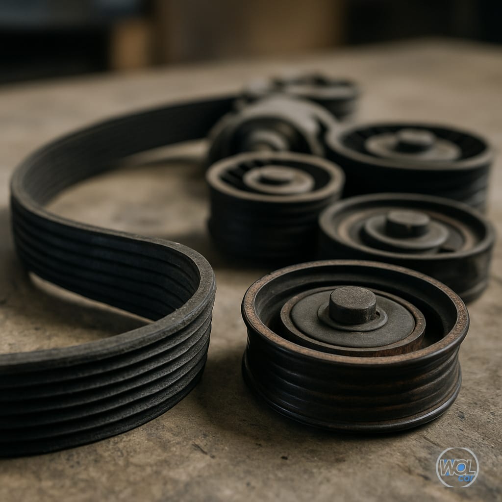 Curea de accesorii uzată și role pentru Renault Kangoo pe o masă de atelier, fotografie clară